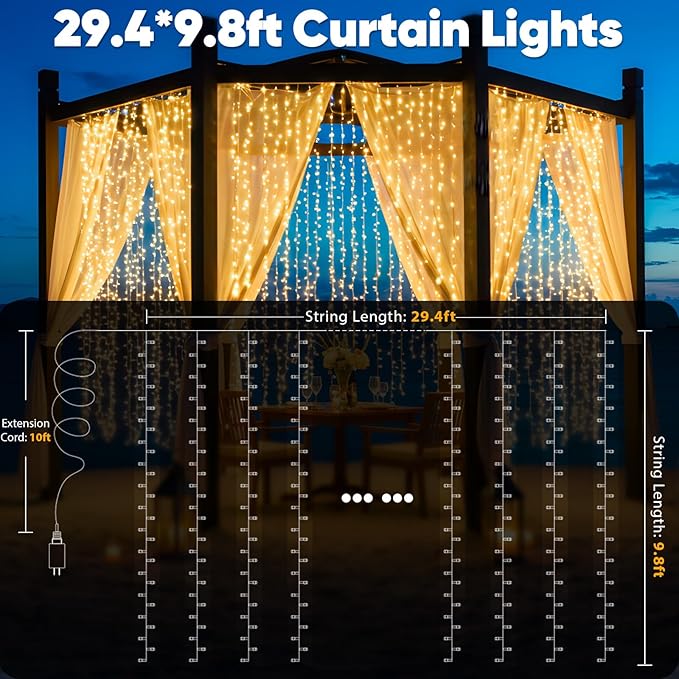 Curtain String Lights, 900 LED, Warm White, 8 Modes