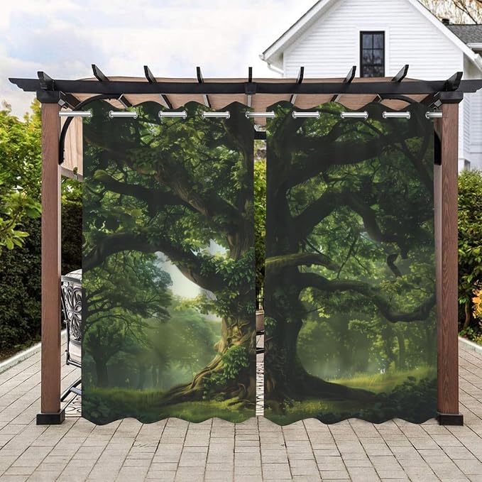 Nature Theme Waterproof Indoor/Outdoor Curtains, Forest Pattern, Grommet Curtain by Lirduipu