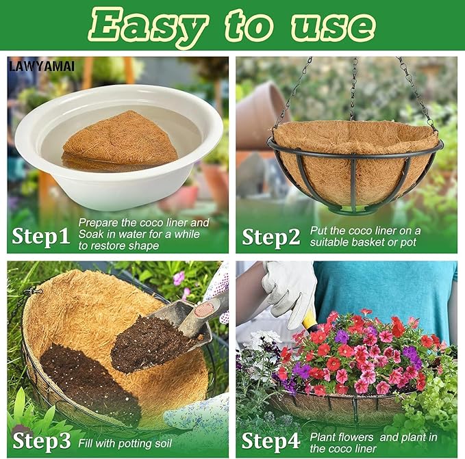 Y&M Pack of 4 12" Pre-Formed Round Coco Fiber Coco Liner Hanging Basket Liners - Image 3