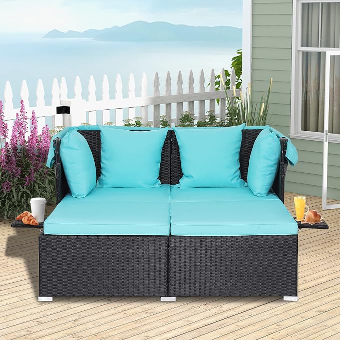 Moccha Outdoor Daybed with Retractable Canopy, Wicker Cabana with 2 Side Tables - Image 4