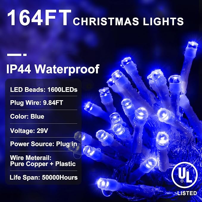 String Lights 164 FT 1600 LED Blue Outdoor Christmas Light Set