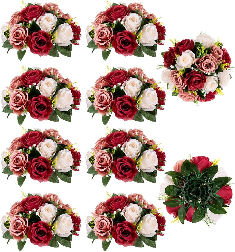 Artificial Flowers Centerpiece Ball, Burgundy Silk Roses, 3-in-1