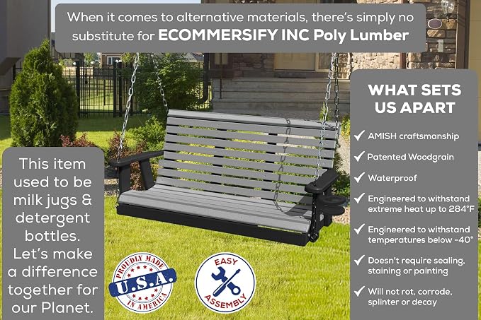 Poly Lumber Wood 5FT Porch Swing Amish Craftsmandship Made in USA HDPE - Image 3