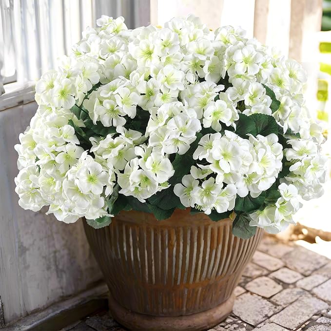 Artificial Geranium Flowers, White Silk, UV Resistant, 6 Bundles