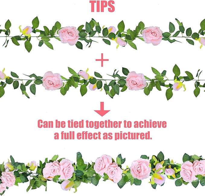 Artificial Plants Greenery Pink Silk Rose Vines, 6 Pack of 7.75 Ft Garlands