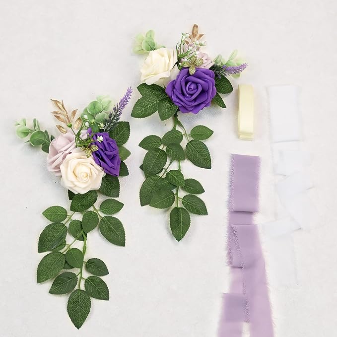 Artificial Flowers for Wedding Aisle Chairs, Set of 10, Purple