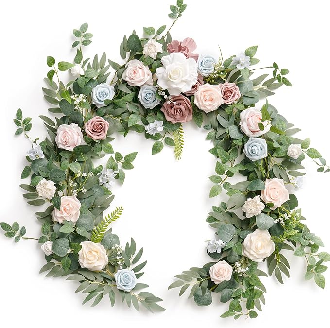 Artificial Flowers Garland, 6 Ft Eucalyptus and Rose, Blush Powder Blue