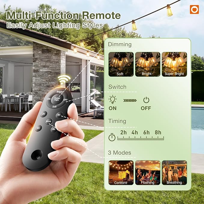 Outdoor String Lights, 54 FT Black Solar Powered with Remote