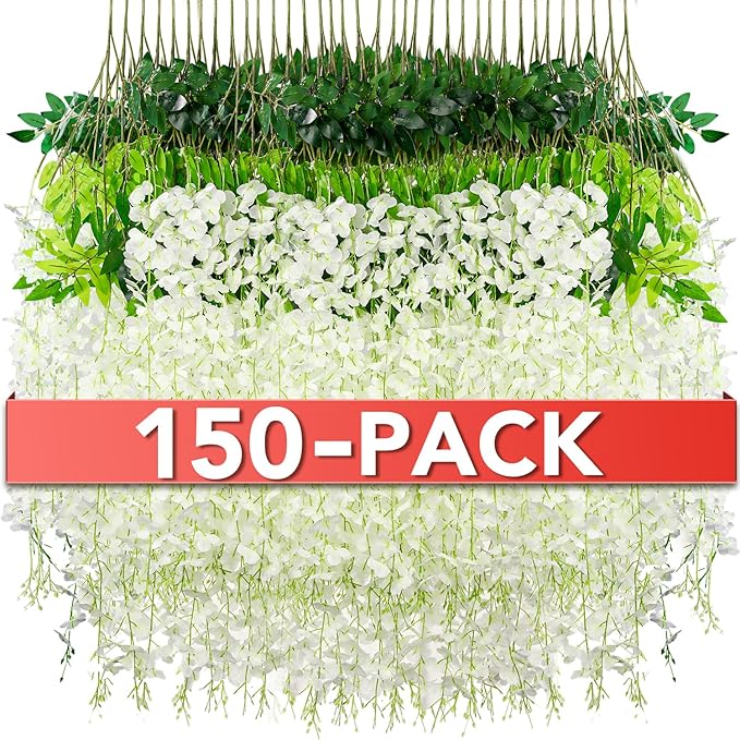 Artificial Flowers: 150 White Silk Wisteria Vines, 3.6 Ft Each