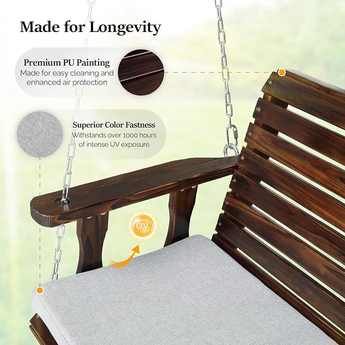 VINGLI Wooden Porch Swing, Heavy Duty 880 LBS Hanging Patio Bench - Image 3