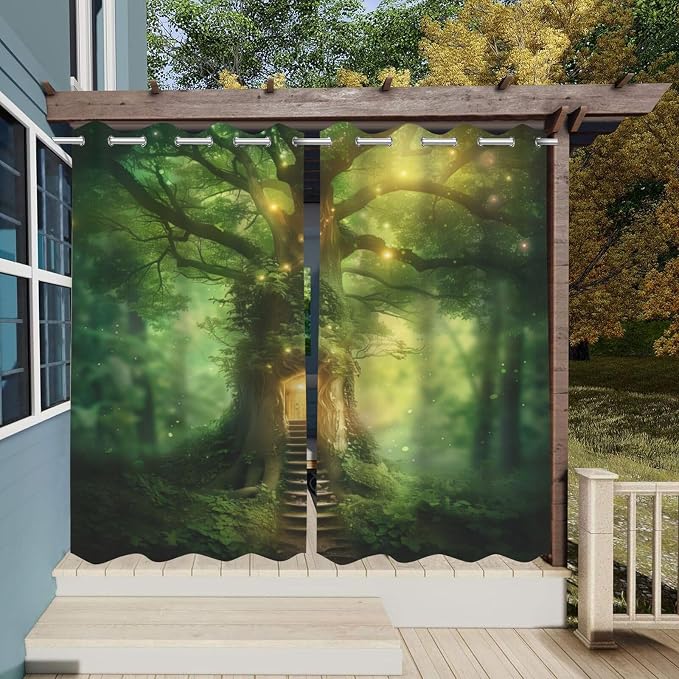 Waterproof Outdoor Curtains, Green Forest Pattern, Set of 2 Panels