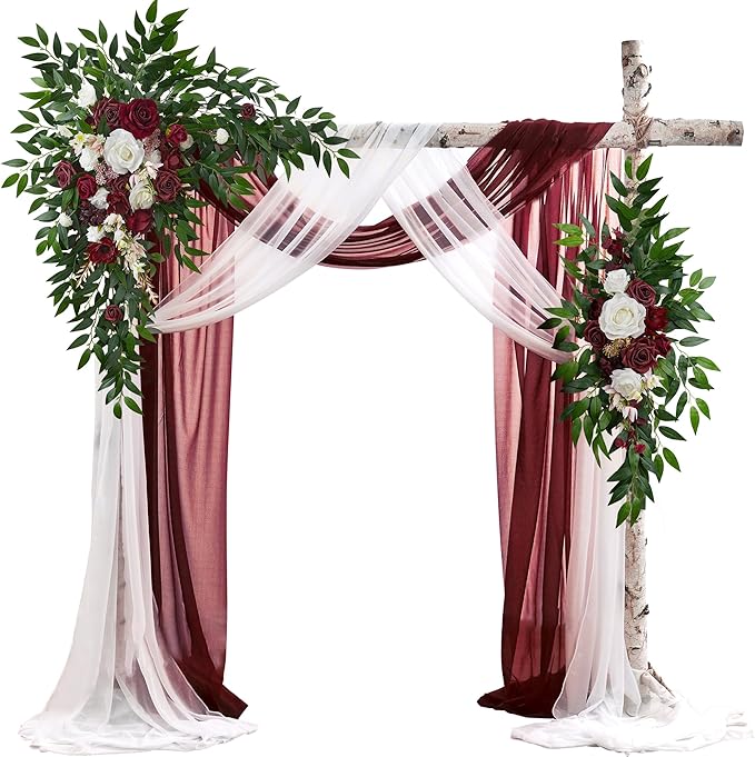Artificial Flowers Marsala Silk Rose Wedding Arch Kit with Drapes