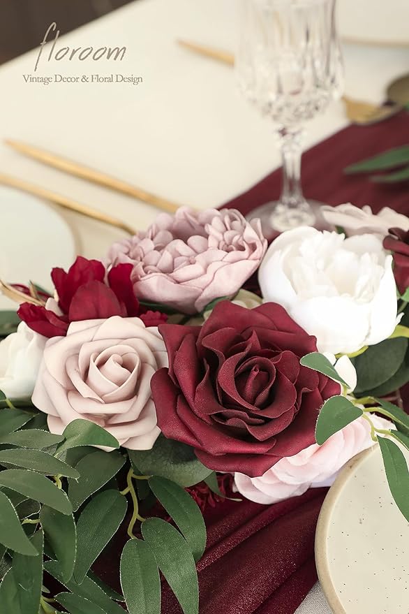 Artificial Flower Garland 6ft Burgundy and White Faux Silk Eucalyptus