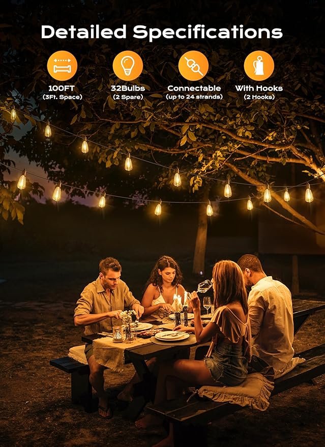 String Lights, 100ft Warm White Outdoor Patio Lights with 32 Shatterproof Bulbs