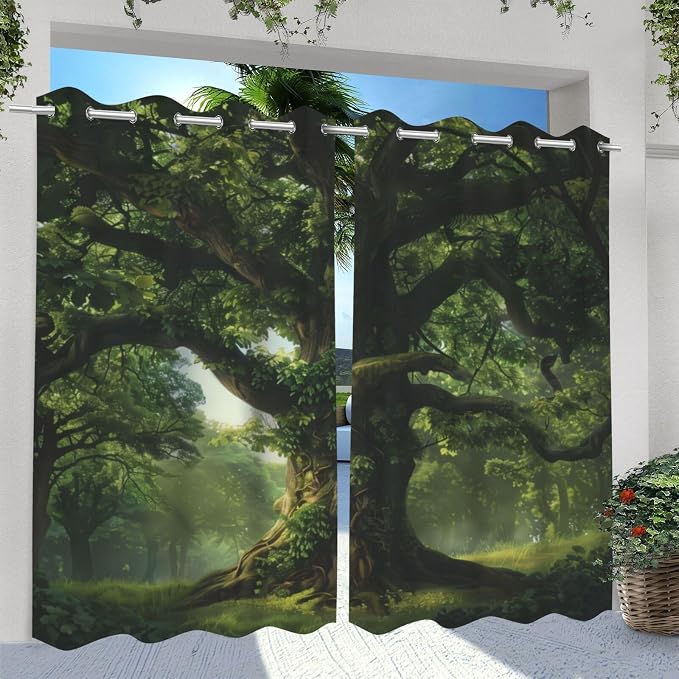 Nature Theme Outdoor Curtains for Patio Waterproof, Forest Pattern, Light - Image 2