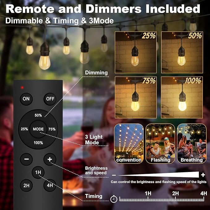 String Lights 50 FT Black Cord, Warm Yellow LED with Remote