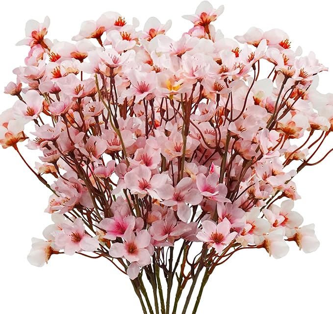 Artificial Cherry Blossom Branches, 8 Pcs Pink Silk Peach Blossom Stems