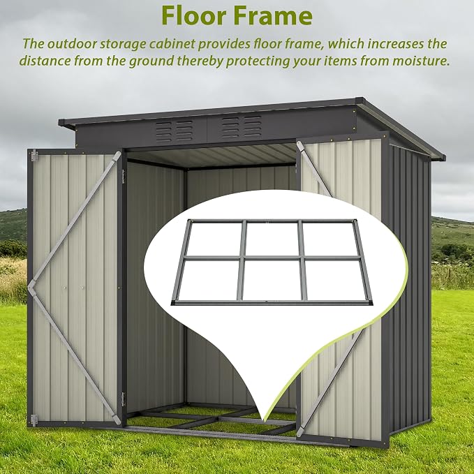 Storage Shed in Gray, 6x4 ft Galvanized Steel with Floor Frame