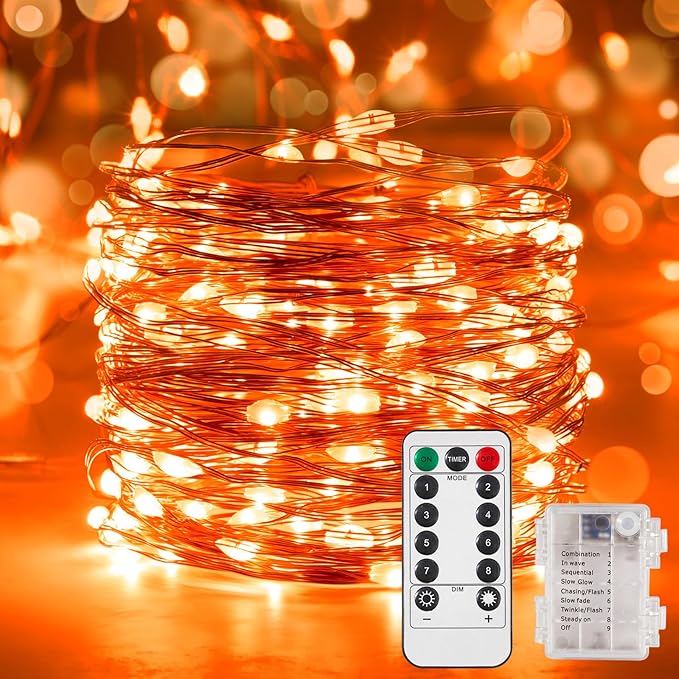 Indoor String Lights, 65.6 Ft Orange LED Battery Powered with Remote
