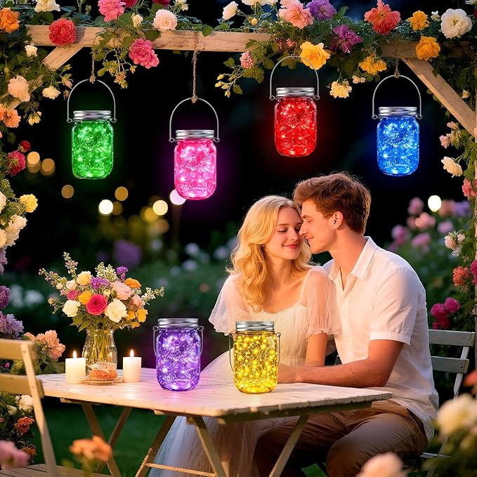 String Lights: 12 Pack Solar Mason Jar Lights in 6 Mixed Colors