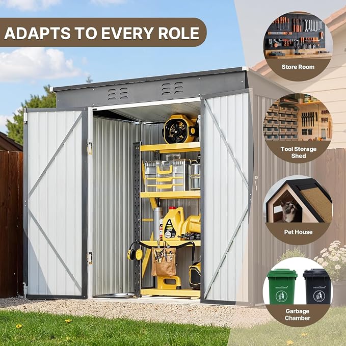 Metal Garden Storage Shed, 6 x 4 ft Dark Gray with Lockable Doors