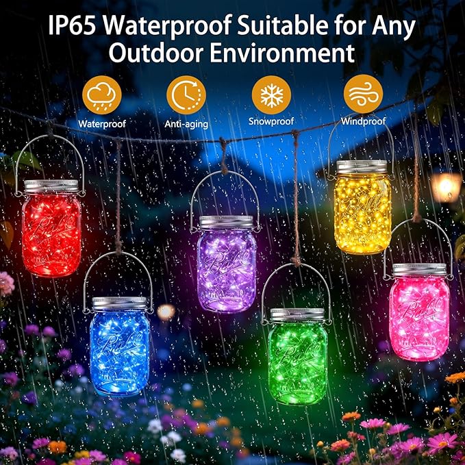 String Lights: 12 Pack Solar Mason Jar Lights in 6 Mixed Colors