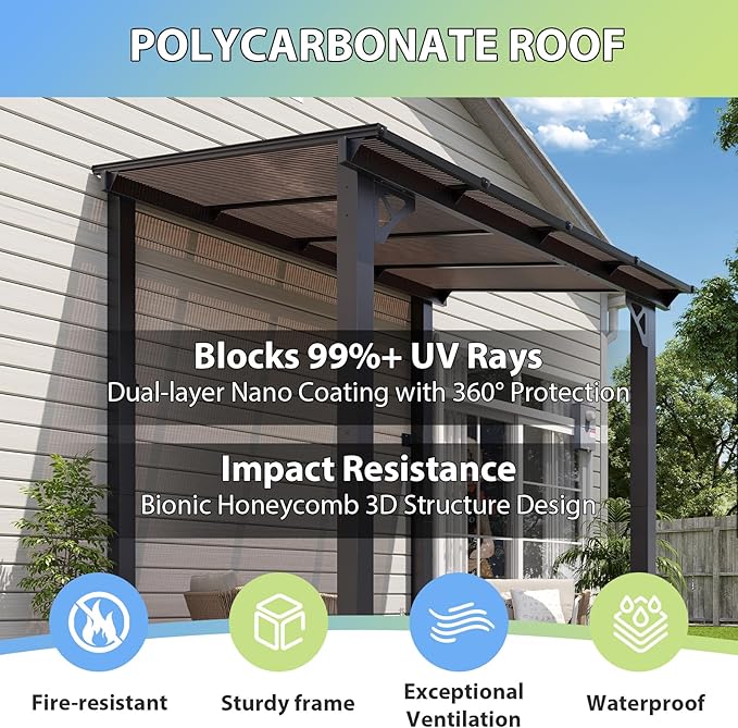 Pergola with Aluminum Frame, UV-Blocking Polycarbonate Roof, 95 x 62 Inch