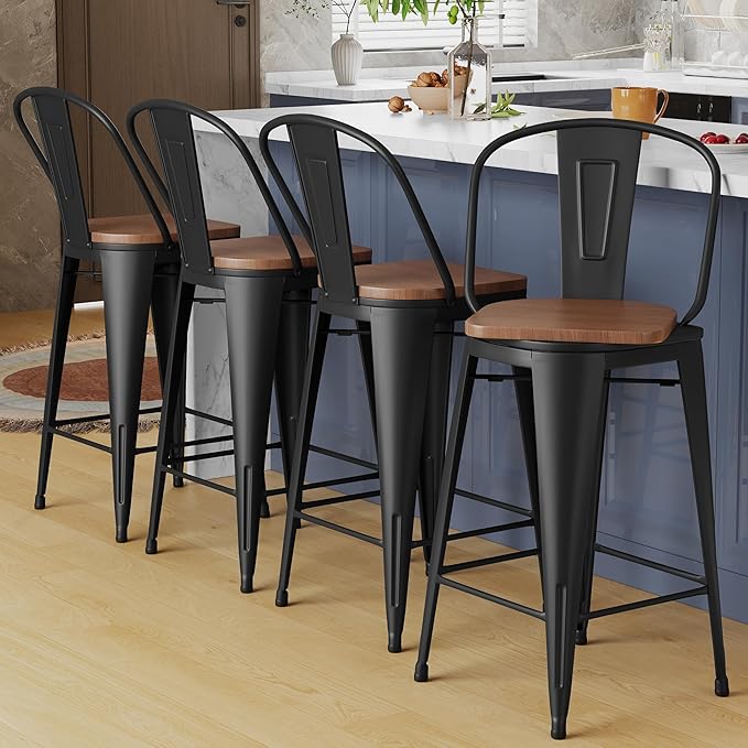 Alunaune 24" Swivel Metal Bar Stools Set of 4 High Back Counter Height by HomeFurniture