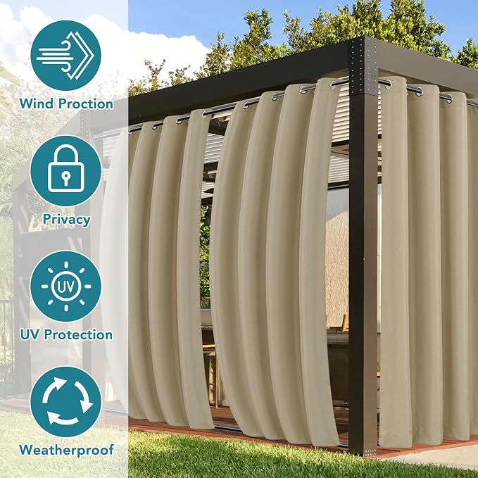 Outdoor Curtains, 4 Panels, Waterproof & Windproof, Taupe, 54x95 Inch