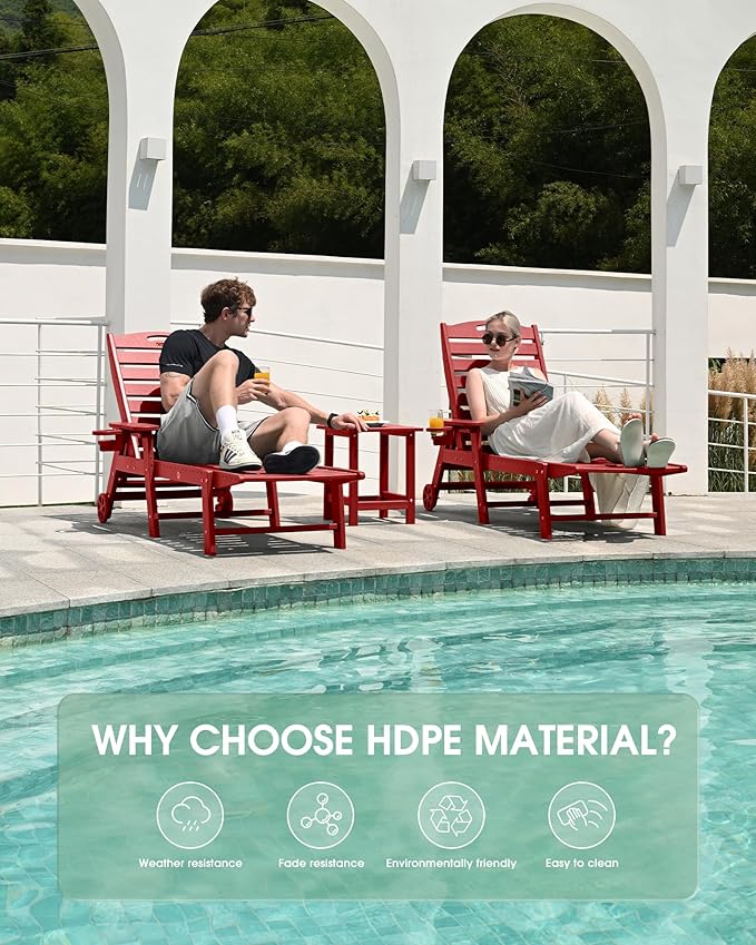 Lounge Chair Outdoor Set of 2, HDPE Chaise Lounge Outdoor, Pool Lounge Chair - Image 6