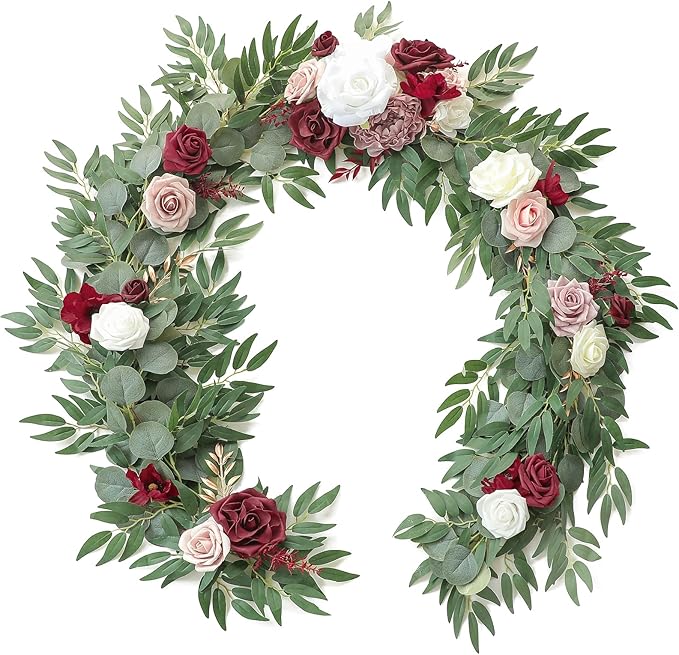 Artificial Flower Garland 6ft Burgundy and White Faux Silk Eucalyptus