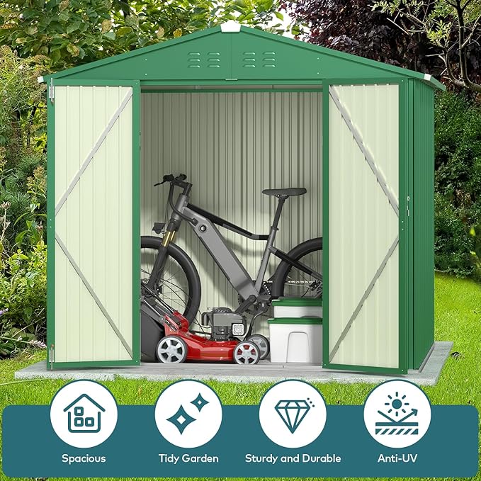 Storage Shed 8 x 6 FT Galvanized Steel with Lockable Doors, Green
