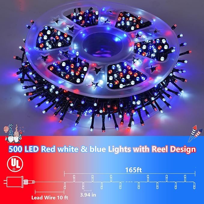 String Lights 500 LED 165 ft Red White Blue Outdoor Waterproof
