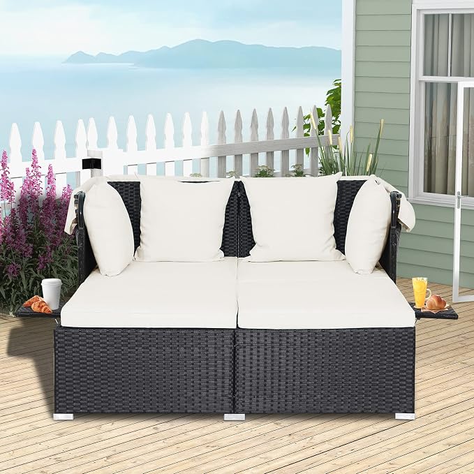 Moccha Outdoor Daybed with Retractable Canopy, Wicker Cabana with 2 Side Tables - Image 3