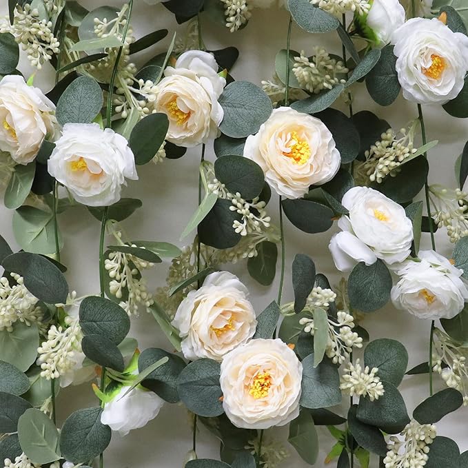 Artificial Eucalyptus Garland with Champagne Roses, 2 Pack