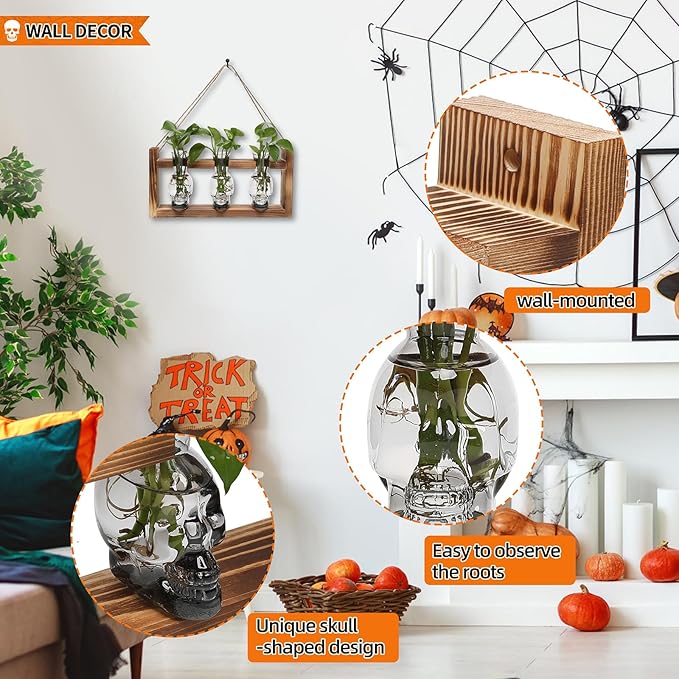 Terrarium Skull Glass Propagation Station Set with Wood Stand, 3 Pieces