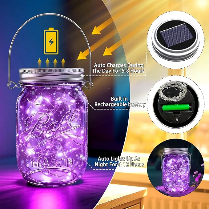 String Lights: 12 Pack Solar Mason Jar Lights in 6 Mixed Colors