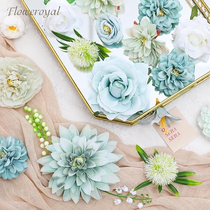 Artificial Flower Set in Teal Blue, Silk Roses, Dahlias and Peonies