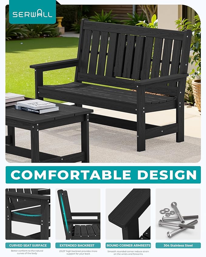 SERWALL Outdoor Bench with Cup Holder, All Weather Patio Benches with High - Image 5