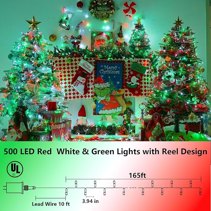 String Lights, 500 LED Outdoor Holiday Lights, 165ft Red White Green