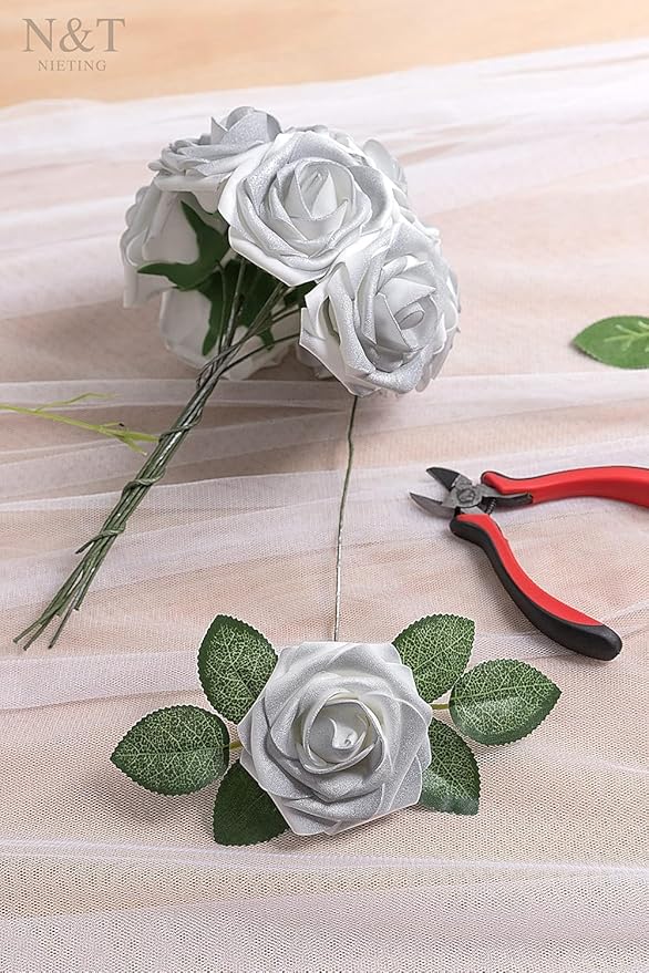 Artificial Flowers, 50 Silver White Foam Roses with Bendable Stems