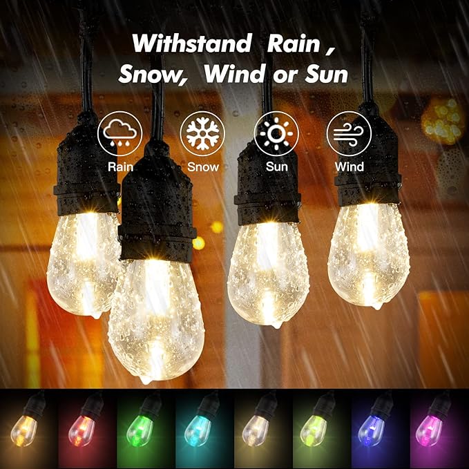 Outdoor LED String Lights 48 FT Multicolor with Remote, IP65 Waterproof