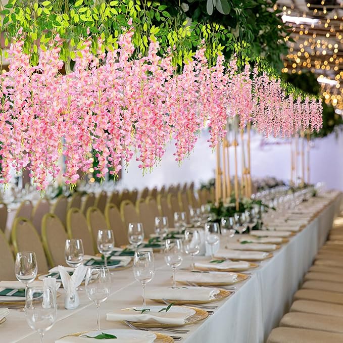 Artificial Wisteria Flower Vines, 75 Pink Silk and Plastic Stems, 3.6 Ft