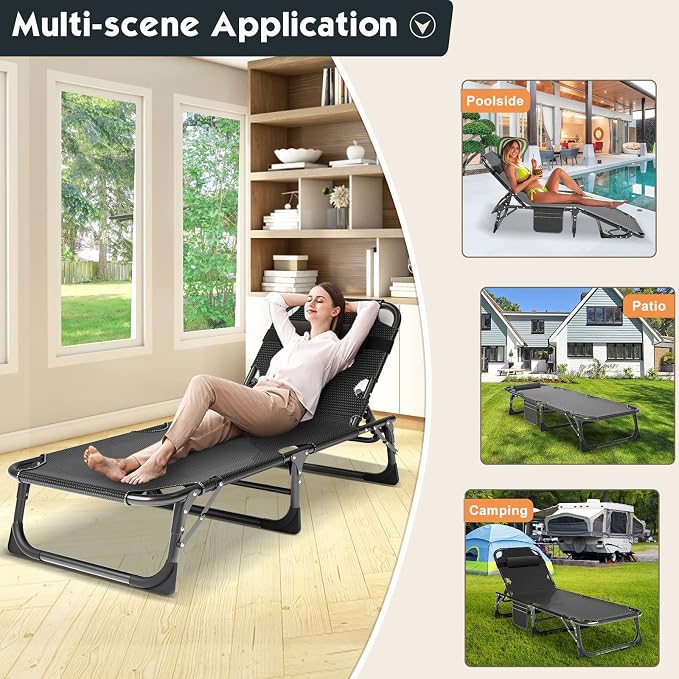 MOPHOTO Folding Chaise Lounge Chair 5-Position, Folding Cot, Heavy Duty Patio - Image 8