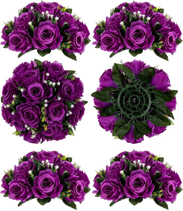 Artificial Flower Balls, 6 Pcs Purple Silk Rose Centerpieces