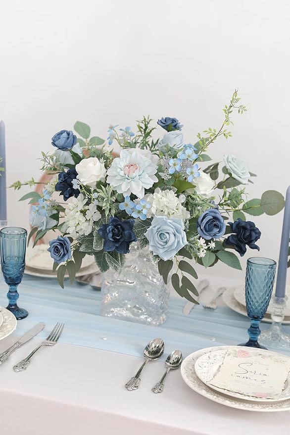 Artificial Flowers in Light and Navy Blue, Faux Silk and Foam Mix
