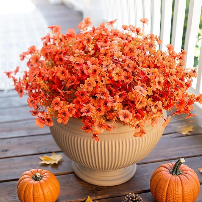 Artificial Daisy Flowers, 12 Bundles, Orange with Eucalyptus Leaves