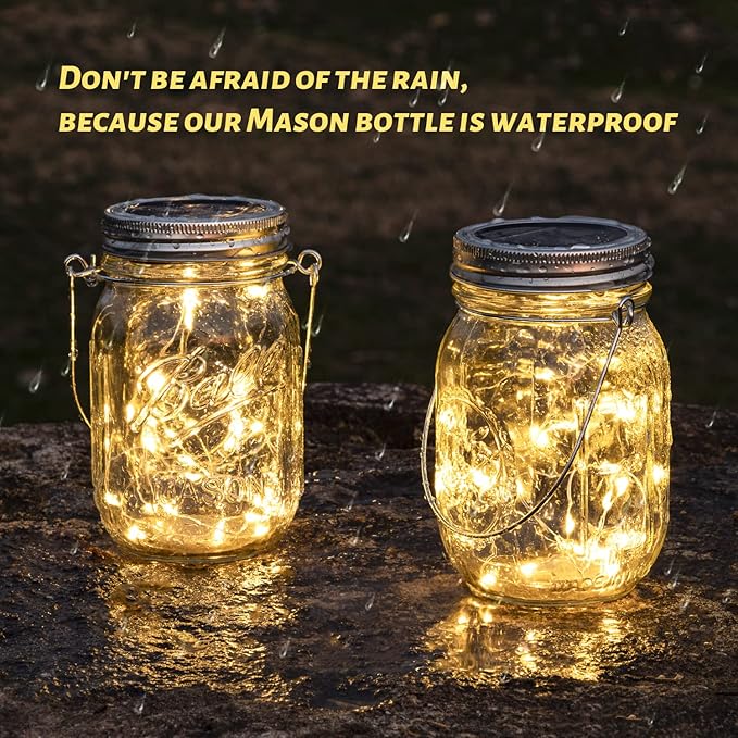 Lanterns, Clear Plastic Mason Jar Solar Lights, 8 Pack with Warm White LED