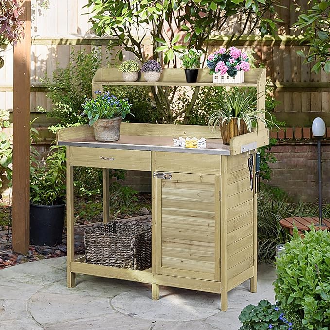 Yaheetech Outdoor Potting Bench Table, Garden Work Bench w/Metal Tabletop Work - Image 2