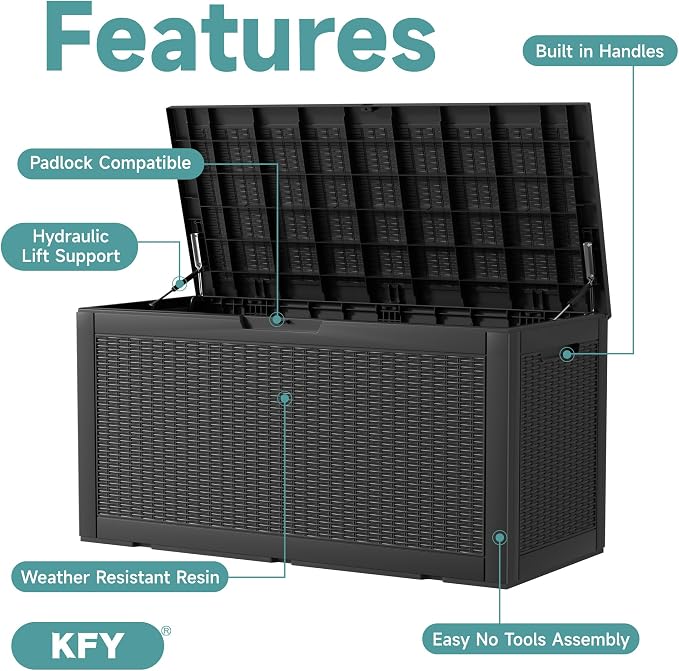 Outdoor Storage Deck Box, 100-Gallon Black Resin, Waterproof and Lockable